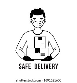 Safe food delivery. Courier in face mask and glowes. Box in hands. Online delivery service concept, online order, delivery home and office. Prevention of coronovirus.