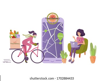 Safe food delivery. Courier in protection mask and gloves delivers food on bicycle during coronavirus quarantine. Orders from grocery store and restaurants. Flat vector