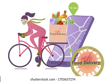 Safe food delivery. Courier in protection mask and gloves delivers food on bicycle during coronavirus quarantine. Orders from grocery store and restaurants. Flat vector