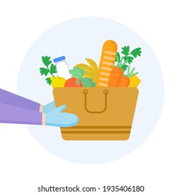 Safe food delivery to the door. Human hand in gloves holding bag with products. Сoronavirus covid-19 pandemic. Stay at home, keep your distance. Vector flat illustration