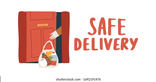 Safe food delivery during the coronavirus pandemic. Man takes his groceries order without leaving home. Vector illustration with hand lettering Safe Delivery. COVID-19