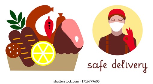 Safe food delivery during the coronavirus epidemic. A courier in a medical mask and gloves shows an ok gesture. Sausages and ham in a basket. Vector flat illustration isolated on white background.