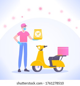 Safe food delivery during Coronavirus COVID-19 pandemic concept. Courier man with scooter or moped wearing protective medical mask and gloves, holding food package in hand, vector illustration