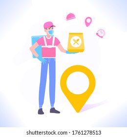 Safe food delivery during Coronavirus COVID-19 pandemic concept. Courier man wearing protective medical mask and gloves, holding food package in hand, vector illustration