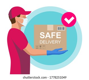 Safe food delivery during coronavirus epidemic. Delivery home and office. Delivery man or courier in a medical mask and gloves delivering to customer at home. Online purchases during a quarantine.