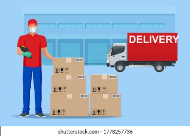 Safe food delivery during coronavirus epidemic. Delivery home and office. Delivery man or courier in a medical mask and gloves delivering to customer at home. Online purchases during a quarantine.