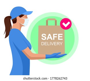 Safe food delivery during coronavirus epidemic. Delivery home and office. Isometric Delivery woman or courier in a medical mask and gloves delivering to customer at home.