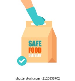 Safe food delivery during covid-19 pandemic. Hand in gloves. Craft paper package with groceries. Infographic flat design for apps and websites. Vector illustration isolated on white background.