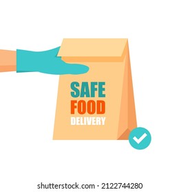 Safe food delivery during covid-19 pandemic. Hand in gloves. Craft paper package with groceries. Infographic flat design for apps and websites. Vector illustration isolated on white background.