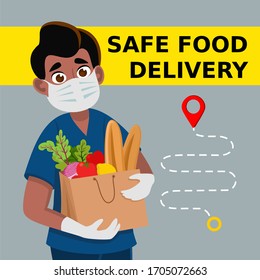 Safe food delivery. Delivery of goods during the prevention of coronovirus, Covid-19. Man holds fresh food in medical rubber gloves and mask. Express delivery, food delivery, online shopping 