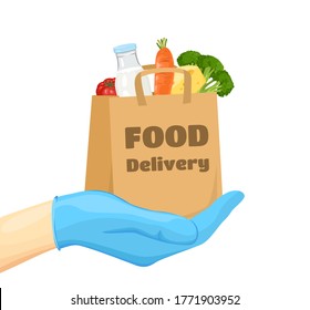 Safe food delivery. Hand in blue rubber glove holds craft paper bag with food. Quarantine. Covid-19. Vector illustration in cartoon flat style.