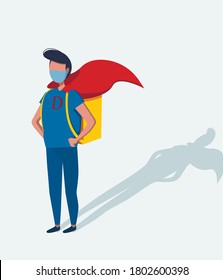 Safe food delivery. A hero of our time. Food delivery guy. Food delivery. Vector graphics. Flat image. A superhero in an ordinary person.