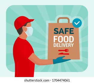 Safe food delivery at home during coronavirus covid-19 epidemic: delivery man holding a bag with fast food, he is wearing a face mask and gloves