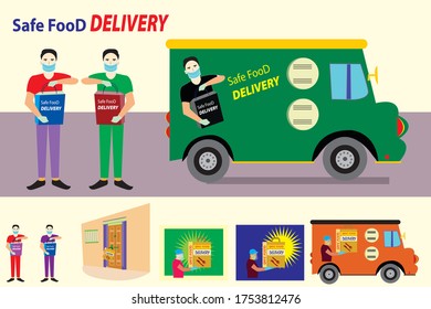 Safe food delivery at home during coronavirus covid-19 epidemic. Man delivering a bag and food on a car. He is wearing a protective face mask, face shield and gloves. 