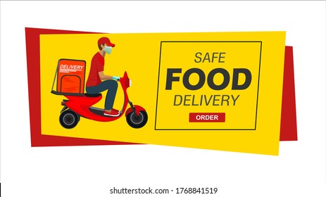 Safe food delivery at home during coronavirus epidemic: delivery man holding a bag with fast food, he is wearing a face mask and gloves