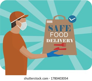 Safe food delivery at home during coronavirus covid-19 epidemic: delivery man holding a bag with fast food, he is wearing a face mask and gloves