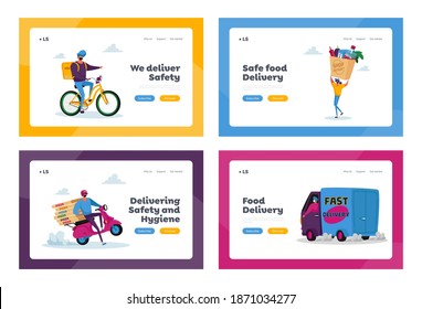 Safe Food Delivery Landing Page Template Set. Courier Characters in Mask Deliver Grocery Production to Customer by Car, Scooter, Bike. Preventive Measure, Food Shipping. Cartoon Vector Illustration