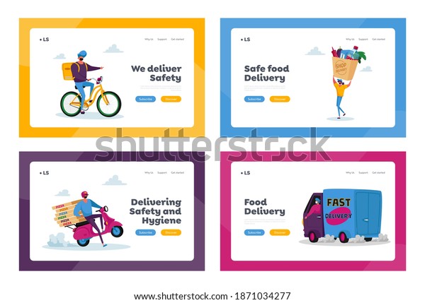 Safe Food Delivery Landing Page Template\
Set. Courier Characters in Mask Deliver Grocery Production to\
Customer by Car, Scooter, Bike. Preventive Measure, Food Shipping.\
Cartoon Vector\
Illustration