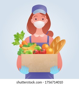 Safe Food delivery, new normal concept. A young woman delivering food items wearing mask and gloves for the safety service. Conceptual vector illustration.