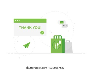 Safe food delivery order and receive. Stay at home and order food online. Contactless payment. Food delivery service. Thank you, your order has been accepted. Green. Flat design. Eps 10