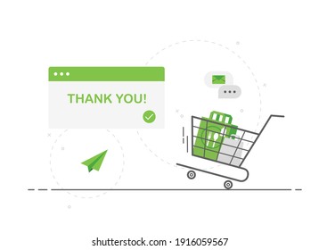 Safe food delivery order and receive. Stay at home and order food online. Contactless payment. Food delivery shopping cart. Thank you, your order has been accepted. Green. Flat design. Eps 10