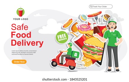 Safe food delivery order, Food delivery service ,Scooter delivery service , Vector illustration