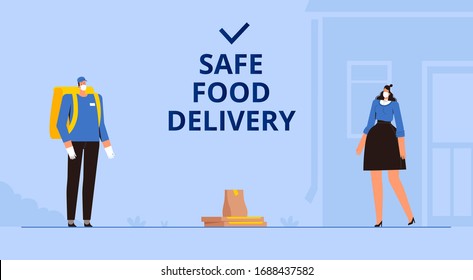 Safe food delivery. Remote contactless transfer of the order under quarantine and isolation due to the COVID-2019 coronavirus. The courier leaves the parcel at the door