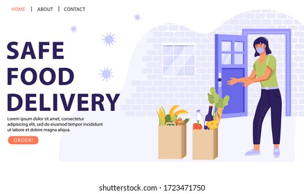 Safe food delivery service concept. Woman receive grocery product bags from courier. Online order during quarantine. Vector web page banner illustration.