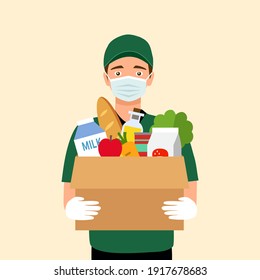 Safe food delivery service concept vector illustration. Delivery man wearing medical mask and gloves holding grocery food for customer. Order food online and express shipping.