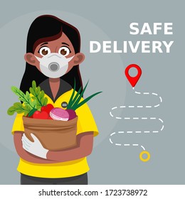 Safe food delivery. Young african american courier girl delivering grocery order to the home of customer with mask and gloves during the coronavirus pandemic. Vector cartoon illustration