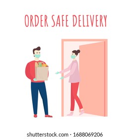 Safe Food Delivery. Young Courier Delivering Grocery Order To The Home Of Customer Girl With Mask And Gloves During The Coronavirus Pandemic. Cartoon Flat Vector Illustration.