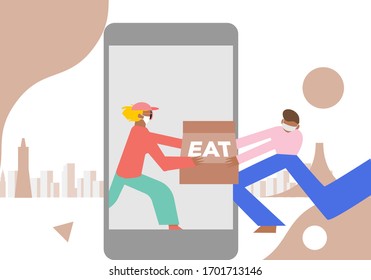 Safe food delivery. Young courier delivering grocery order to the home of customer with mask and gloves during the coronavirus pandemic. Vector cartoon illustration isolated on white background.