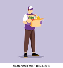 Safe food delivery. Young courier delivering grocery order to the home of customer with mask and gloves during the coronavirus pandemic. Vector cartoon flat illustration isolated on white background.