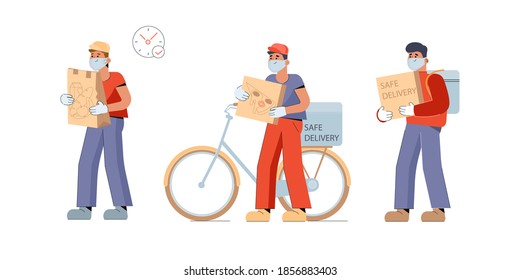 Safe food delivery. Young courier wears a mask while delivering food. Vector flat illustration isolated on white background