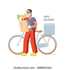 Safe food delivery. A young courier brings a fast food order or store purchases to a masked and gloved customer during the coronavirus pandemic. Vector flat illustration isolated on white background
