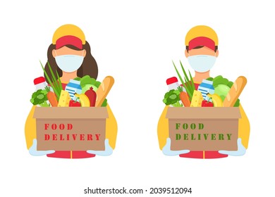 Safe food delivery. Young couriers man and girl delivering grocery order with mask and gloves during coronavirus pandemic. Vector cartoon flat illustration isolated on white background	