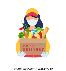 Safe Food Delivery. Young Delivery Girl Delivering Grocery Order With A Mask And Gloves During The Coronavirus Pandemic. Vector Cartoon Flat Illustration Isolated On White Background