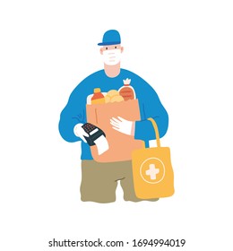 Safe food and medication delivery during the coronavirus pandemic. Courier in white medical protective mask and medical gloves delivers grocery orders to the home. Vector cartoon illustration