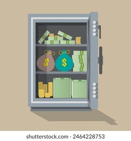 Vista frontal segura. Caja fuerte metálica de plata abierta con dinero en el interior, monedas de oro, pilas de dinero en efectivo, bolsos con money.Ilustración vectorial en diseño plano sobre fondo marrón