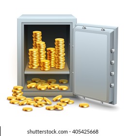 Safe Full Of Gold Coins Money From Open Door Vector Illustration. Isolated White Background. Golden Business Concept Banking Financial Industry. Saving In Place Icon. Money In Safe.