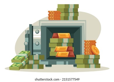 Safe full of money gold coins and golden bar concept. Vector cartoon design illustration