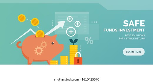 Safe funds investment promotional advertisement with piggy bank and money