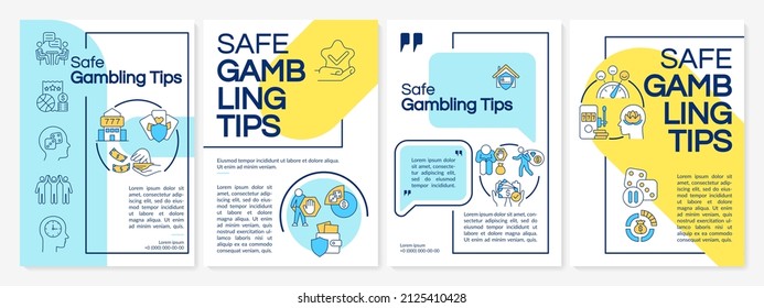 Safe gambling tips blue and yellow brochure template. Booklet print design with linear icons. Vector layouts for presentation, annual reports, ads. Questrial-Regular, Lato-Regular fonts used