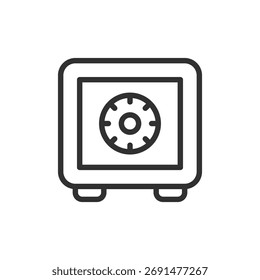 Caja fuerte con engranaje, icono lineal. Almacenamiento seguro y protección financiera. Línea con trazo editable.