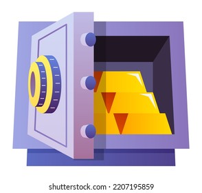 Safe mit Goldbarren - modernes, flaches Design-Einzelbild im Einzelbild. Schöne, detaillierte Abbildung des Notvorrats von Edelmetallen. Idee von Bankinvestitionen, Finanzkompetenz, Ersparnissen und Wirtschaft