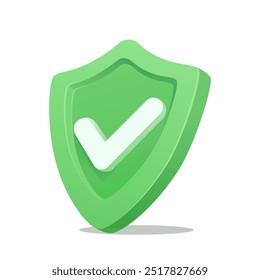 Safe green shield with white checkmark icon. 3D flat Vector Illustration.