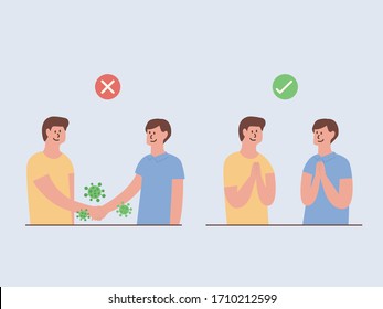 Safe greet is no handshake and no hands contact. Use greet in Asian style for prevent the spread of COVID-19 and inflection. Illustration about Right and wrong ways to protection your self from virus.