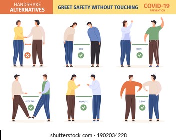 Safe greeting. People in mask keep social distance and use alternative greet, stop spread coronavirus. Avoid handshake vector infographic. Illustration social distancing and social greeting protection