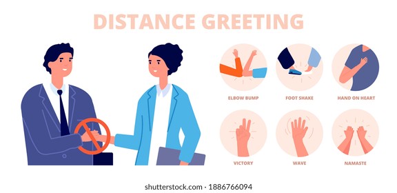 Safe greetings. Distance contact, no handshake or alternative protective greet methods. Feet hit or namaste, gesture utter vector icons set