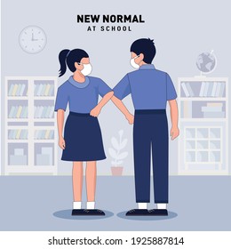 Safe greetings of two students at school. Non-contact greetings in the Time of COVID-19. New normal Students Greeting Hit elbow flat design. The Elbow Bumping at school vector illustration. Elbow bump